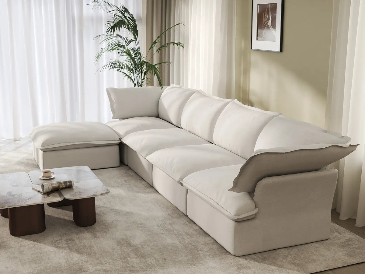 Deluxe Cloud 4-Seater White Storage L-Shaped Sectional | 5-Piece (includes 1 Ottoman), Linen and Cotton Fabric, Washable Covers