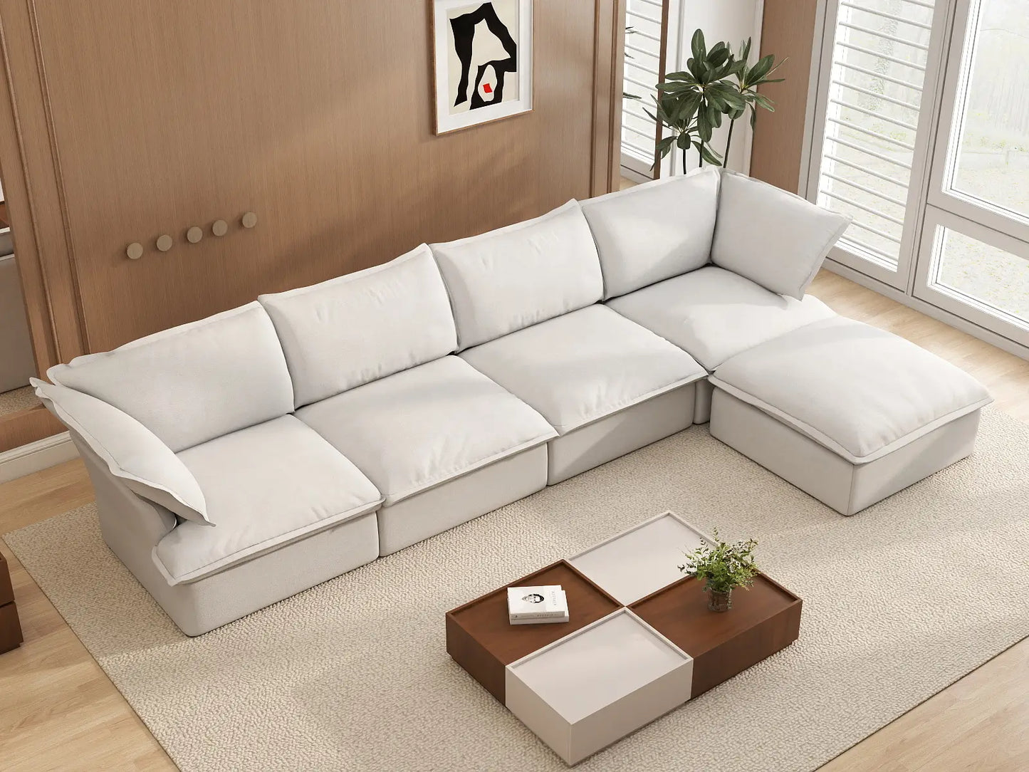 Deluxe Cloud 4-Seater White Storage L-Shaped Sectional | 5-Piece (includes 1 Ottoman), Linen and Cotton Fabric, Washable Covers