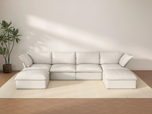Deluxe Cloud 4-Seater White Storage U-Shaped Sectional | 6-Piece (includes 2 Ottomans), Linen and Cotton Fabric, Washable Covers