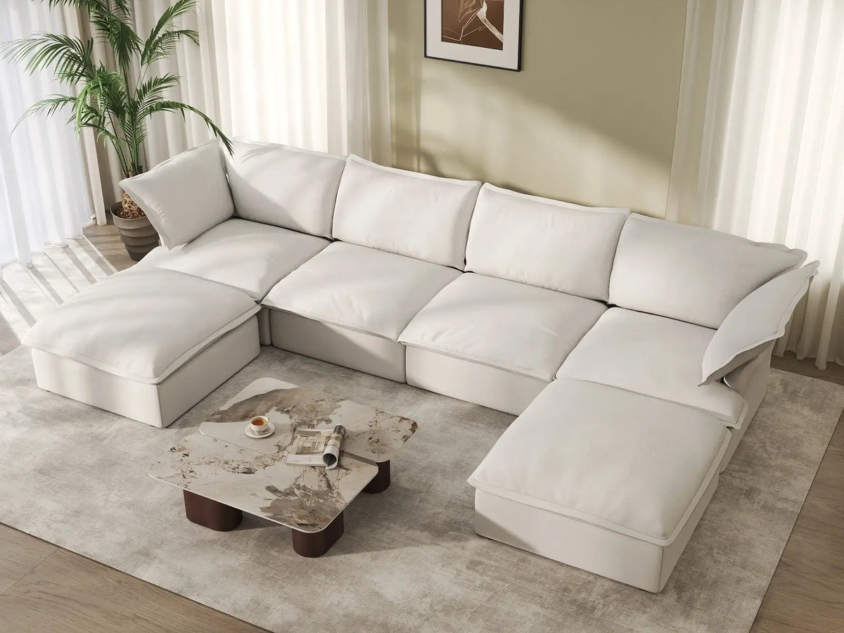 Sofá seccional en forma de U Deluxe Cloud de 4 plazas, color blanco, con espacio de almacenamiento | Juego de 6 piezas (incluye 2 otomanas), tejido de lino y algodón, fundas lavables