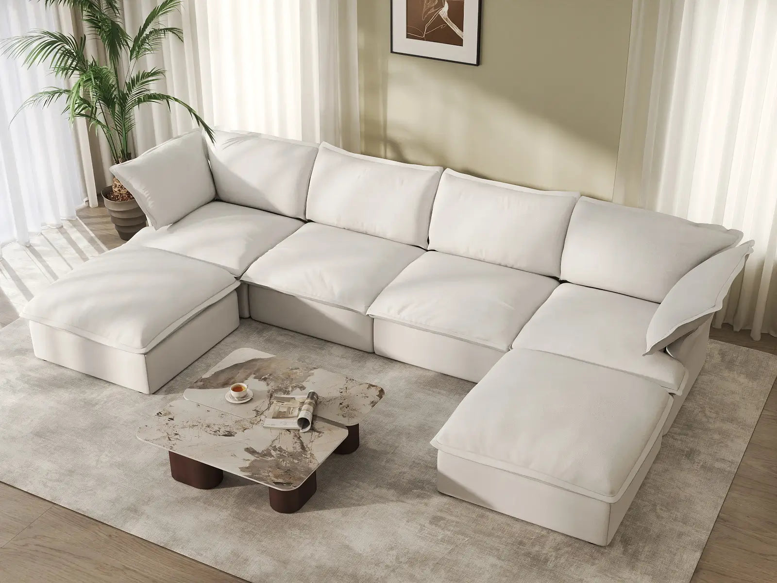 Deluxe Cloud 4-Seater White Storage U-Shaped Sectional | 6-Piece (includes 2 Ottomans), Linen and Cotton Fabric, Washable Covers