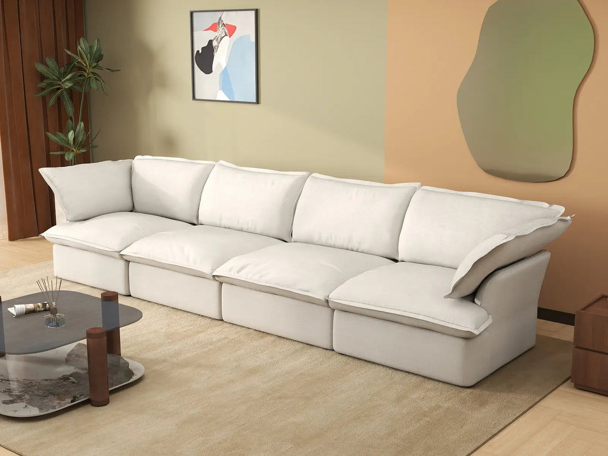Deluxe Cloud 4-Seater White Washable Couch Sectional | 4-Piece, Linen and Cotton Fabric, Modular Design