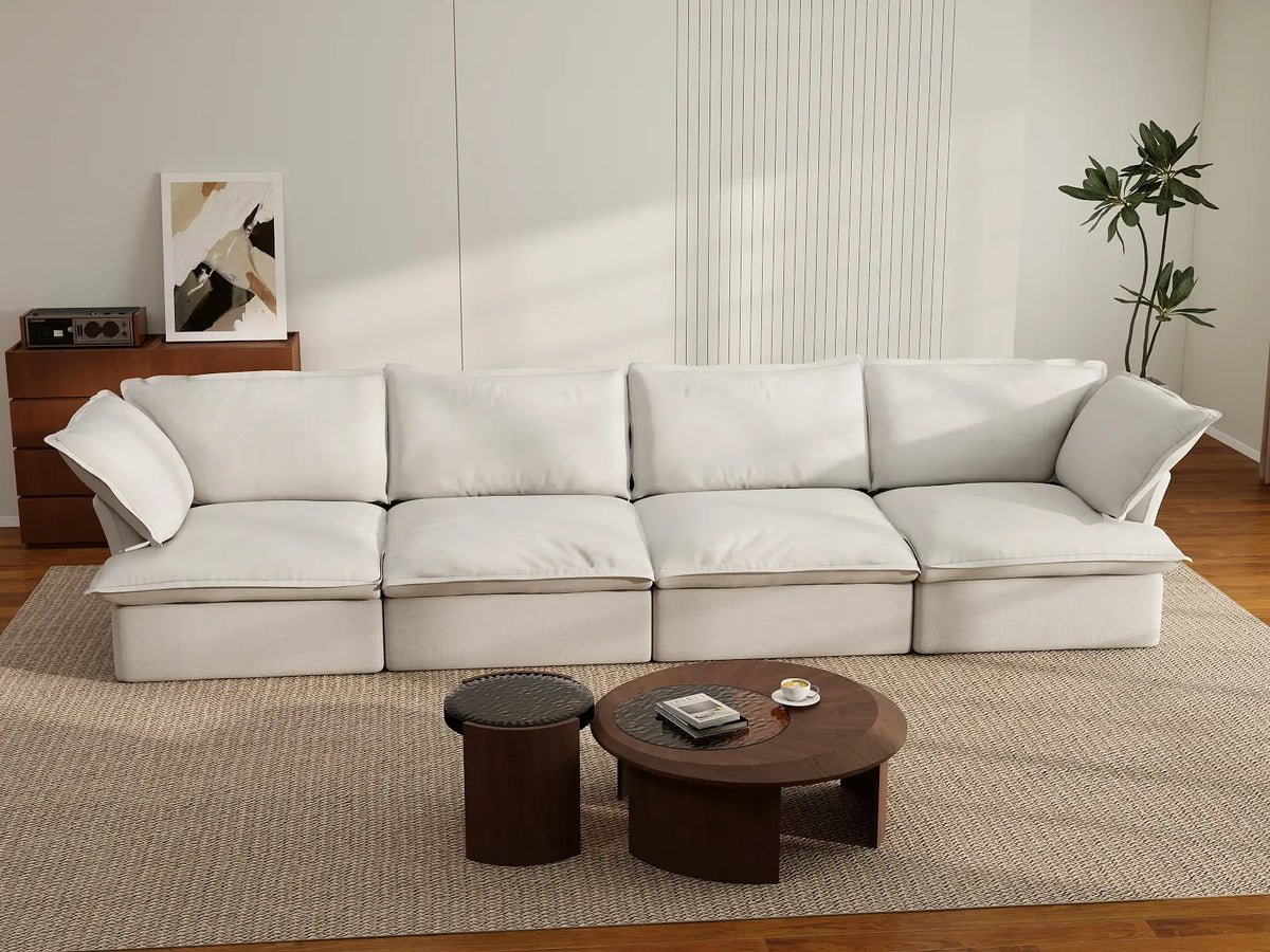Deluxe Cloud 4-Seater White Washable Couch Sectional | 4-Piece, Linen and Cotton Fabric, Modular Design