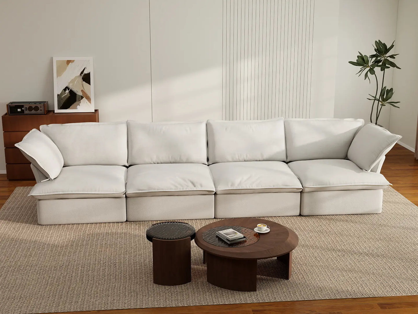 Deluxe Cloud 4-Seater White Washable Couch Sectional | 4-Piece, Linen and Cotton Fabric, Modular Design