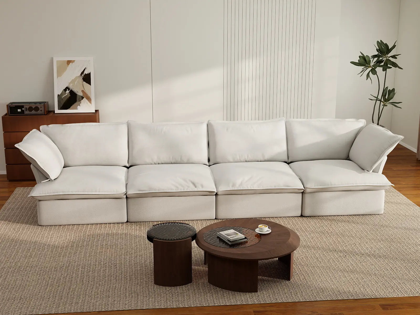 Deluxe Cloud 4-Seater White Washable Couch Sectional | 4-Piece, Linen and Cotton Fabric, Modular Design