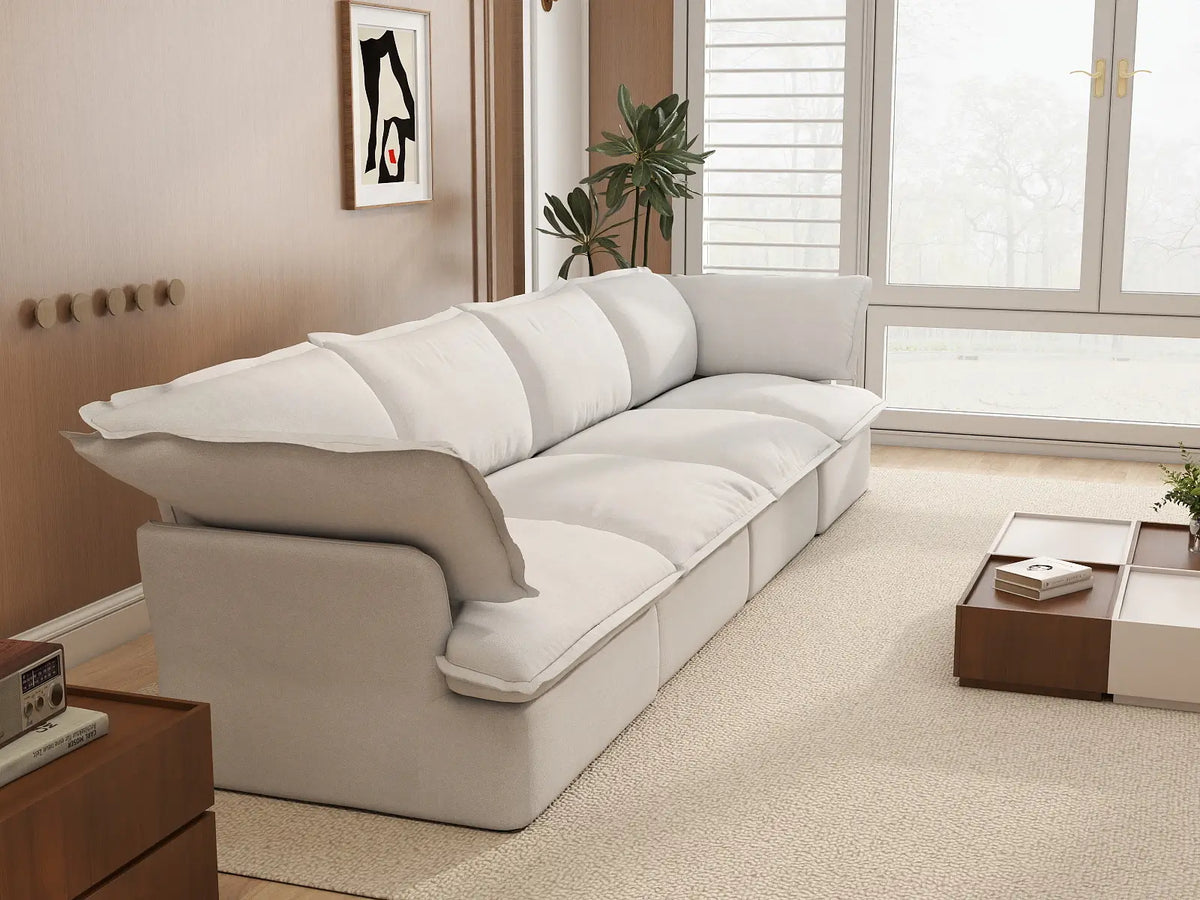 Deluxe Cloud 4-Seater White Washable Couch Sectional | 4-Piece, Linen and Cotton Fabric, Modular Design