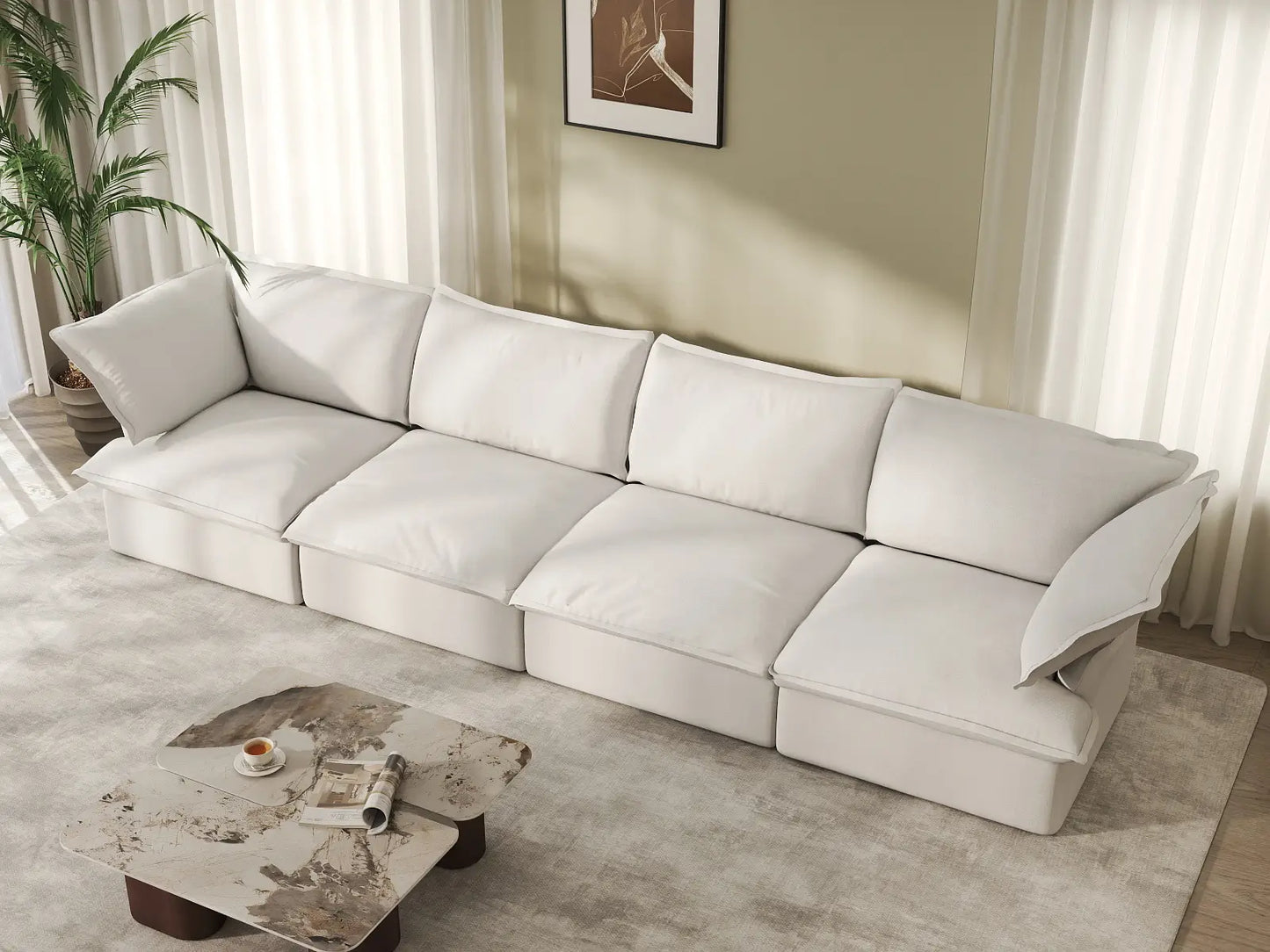 Deluxe Cloud 4-Seater White Washable Couch Sectional | 4-Piece, Linen and Cotton Fabric, Modular Design