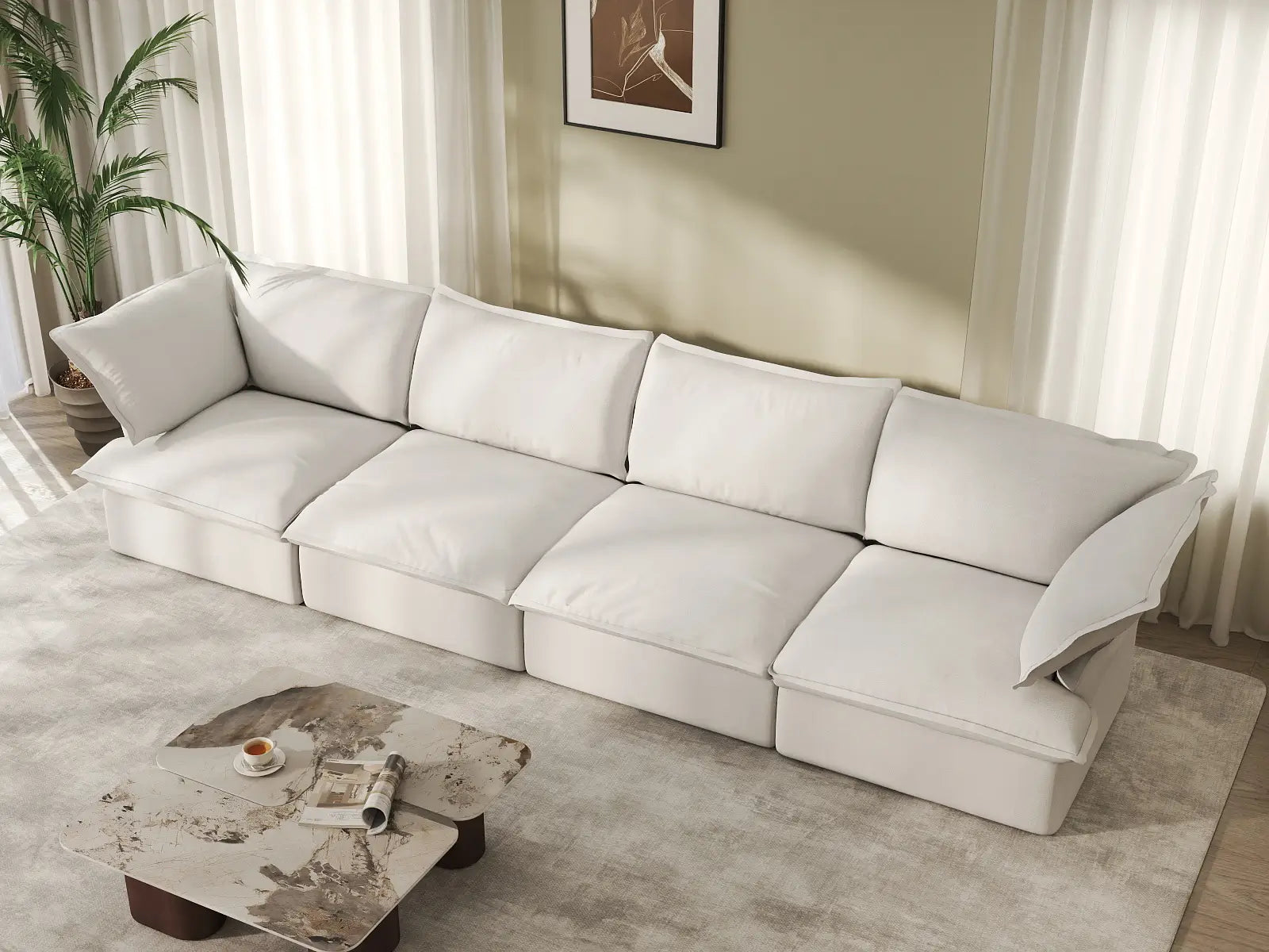 Deluxe Cloud 4-Seater White Washable Couch Sectional | 4-Piece, Linen and Cotton Fabric, Modular Design