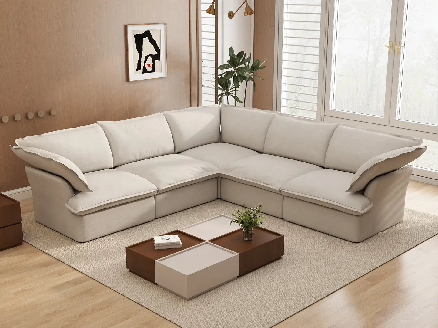 Deluxe Linen Cloud Sectional Sofas Covers | Beige Cotton and Linen Sofa Cover for 5-Seater