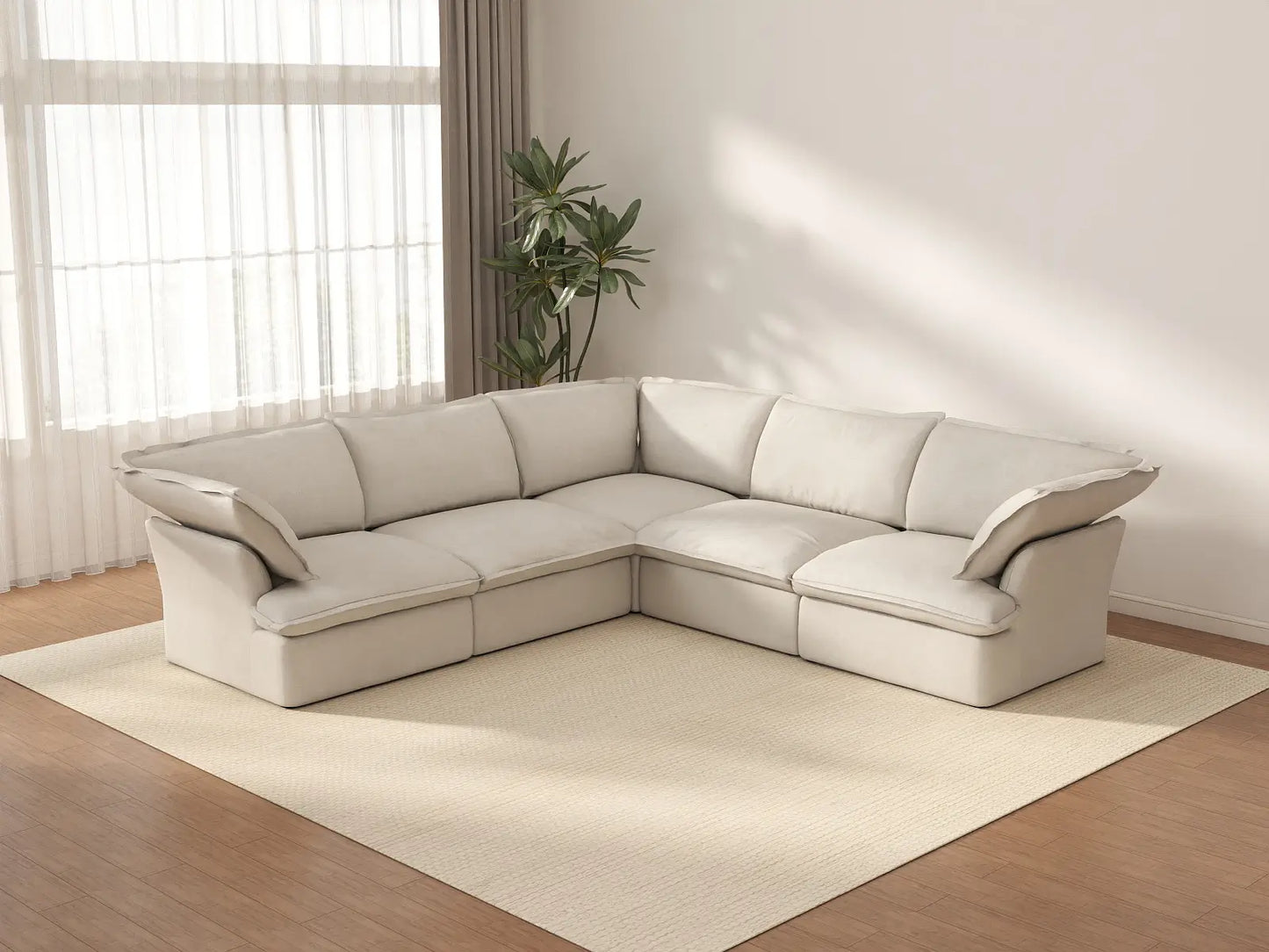 Sofá modular Deluxe Cloud de 5 plazas, color beige, lavable, en forma de V | 5 piezas, tela de lino y algodón, diseño modular