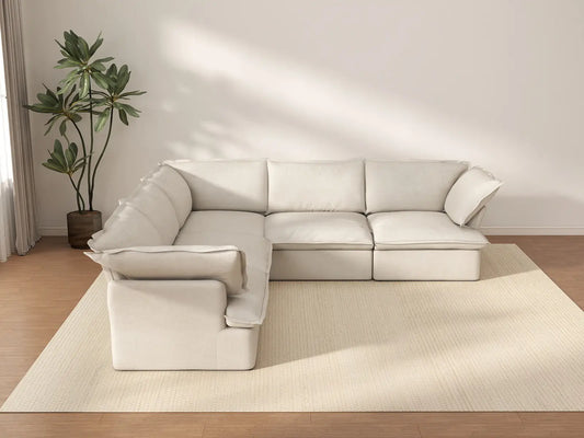Deluxe Cloud 5-Seater Beige Washable V-Shaped Sectional | 5-Piece, Linen and Cotton Fabric, Modular Design