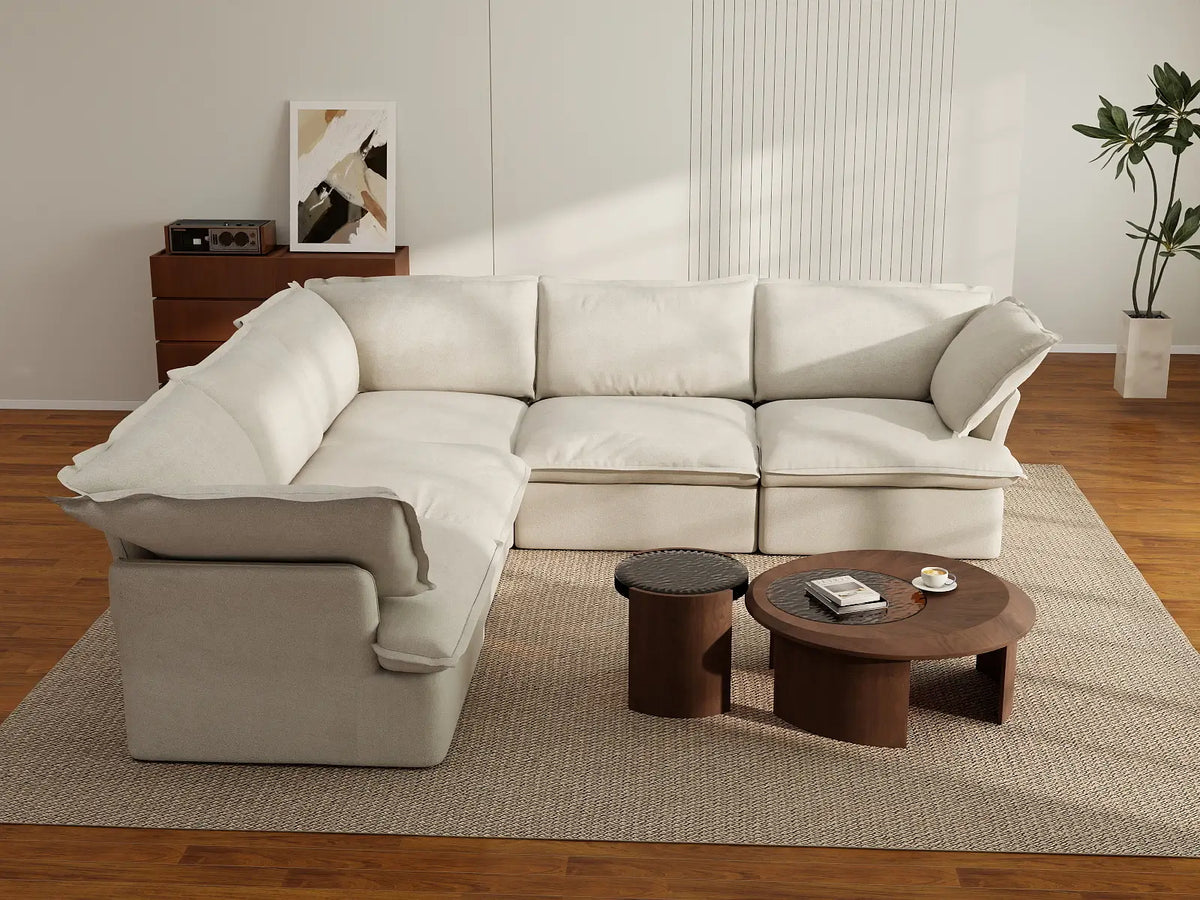 Sofá modular Deluxe Cloud de 5 plazas, color beige, lavable, en forma de V | 5 piezas, tela de lino y algodón, diseño modular