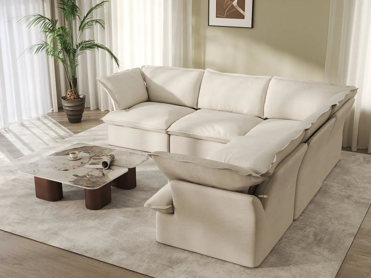 Sofá modular Deluxe Cloud de 5 plazas, color beige, lavable, en forma de V | 5 piezas, tela de lino y algodón, diseño modular