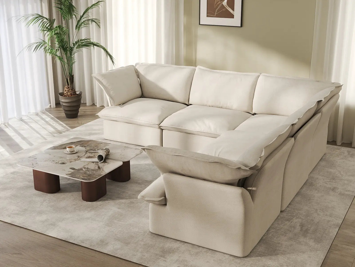 Sofá modular Deluxe Cloud de 5 plazas, color beige, lavable, en forma de V | 5 piezas, tela de lino y algodón, diseño modular
