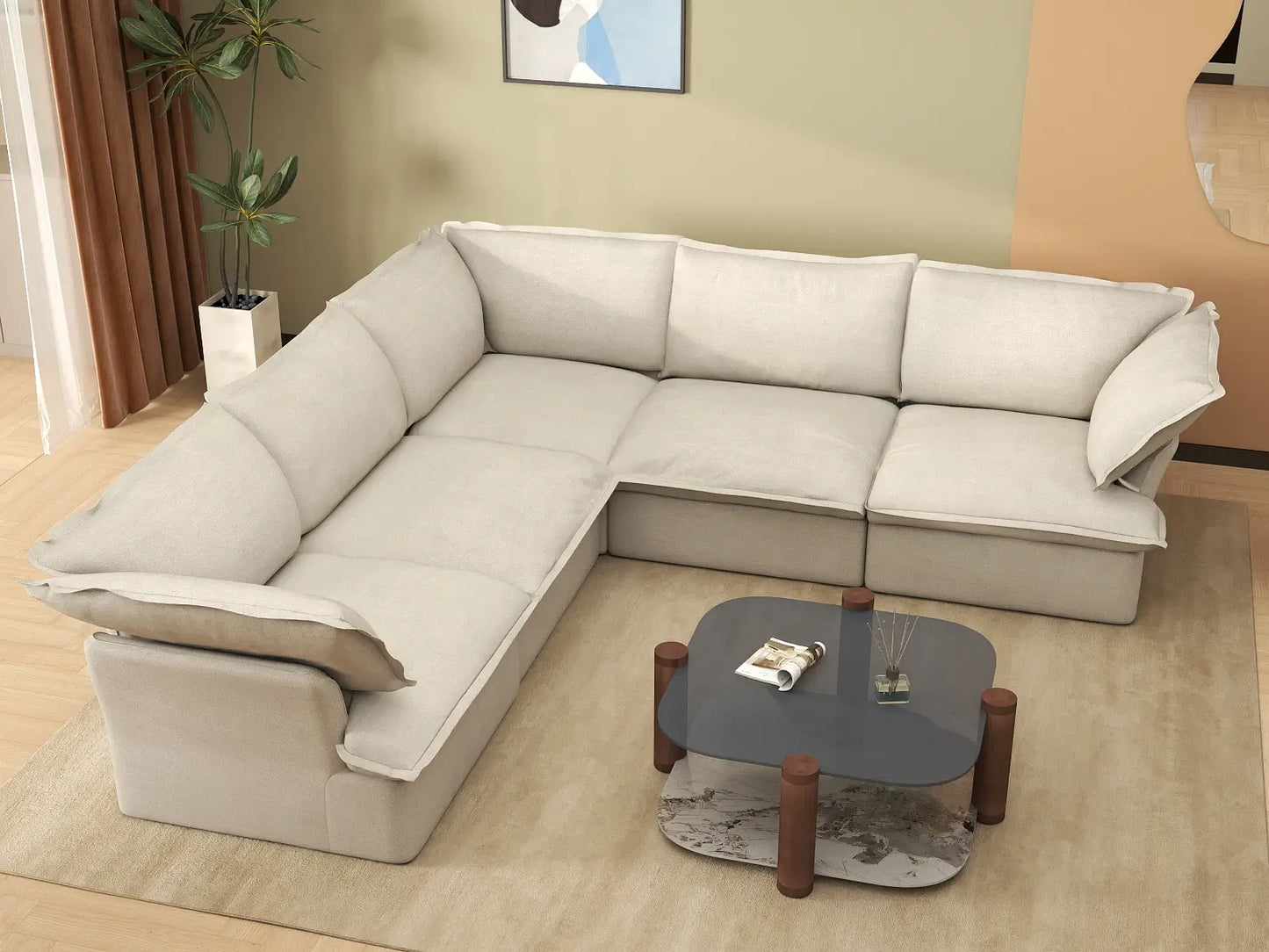 Deluxe Linen Cloud Sectional Sofas Covers | Beige Cotton and Linen Sofa Cover for 5-Seater