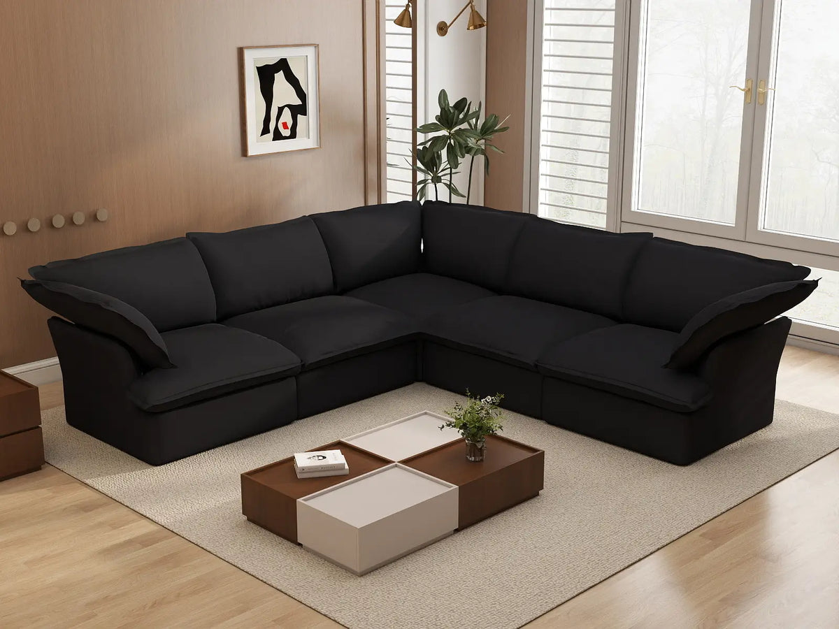 Sofá modular Deluxe Cloud de 5 plazas, color negro, lavable, en forma de V | 5 piezas, tela de lino y algodón, diseño modular