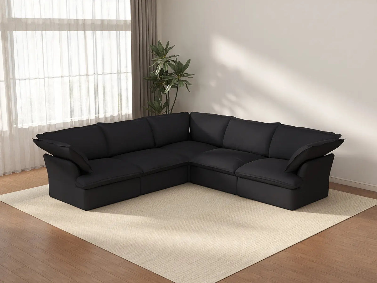 Sofá modular Deluxe Cloud de 5 plazas, color negro, lavable, en forma de V | 5 piezas, tela de lino y algodón, diseño modular