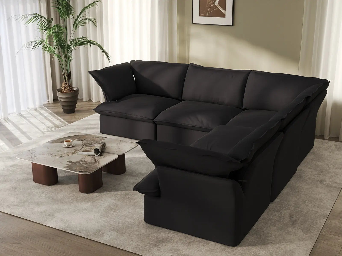 Sofá modular Deluxe Cloud de 5 plazas, color negro, lavable, en forma de V | 5 piezas, tela de lino y algodón, diseño modular