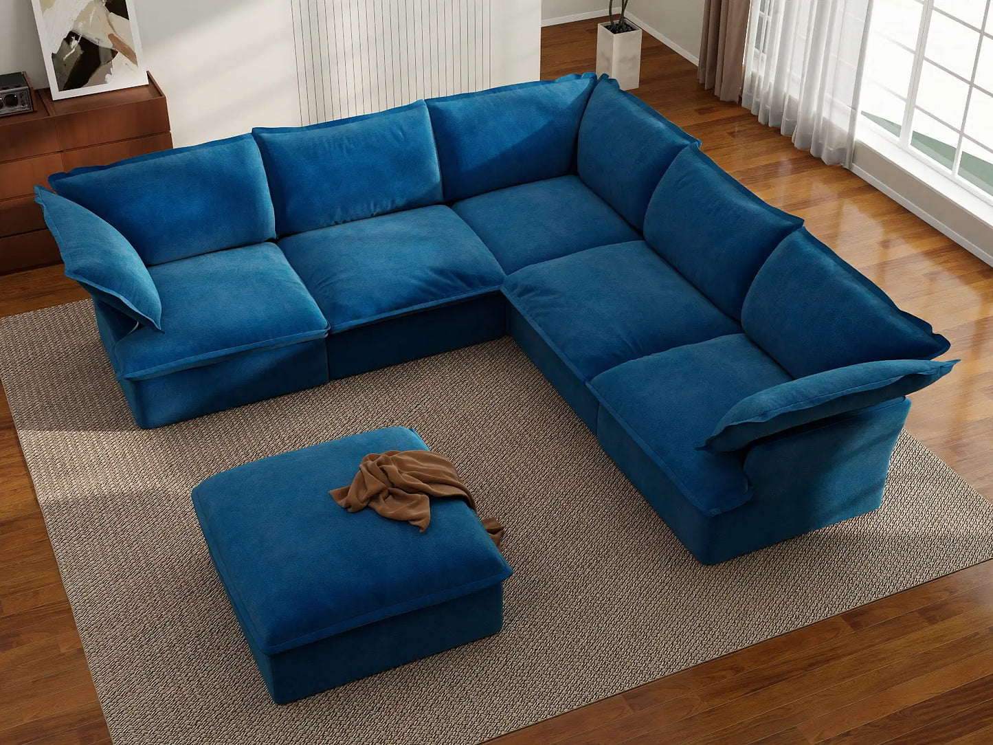 Deluxe Cloud 5-Seater Sofa Set with Storage | 6-Piece (includes 1 ottoman), Velvet Fabric, Washable Covers