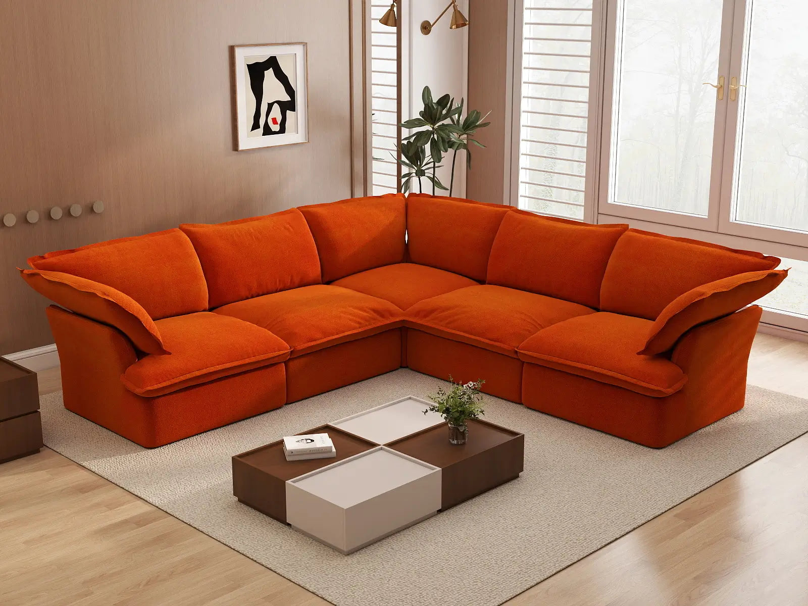 Deluxe Cloud 5-Seater V-Shaped Sectional Sofa | 5-Piece, Velvet Fabric, Washable Covers