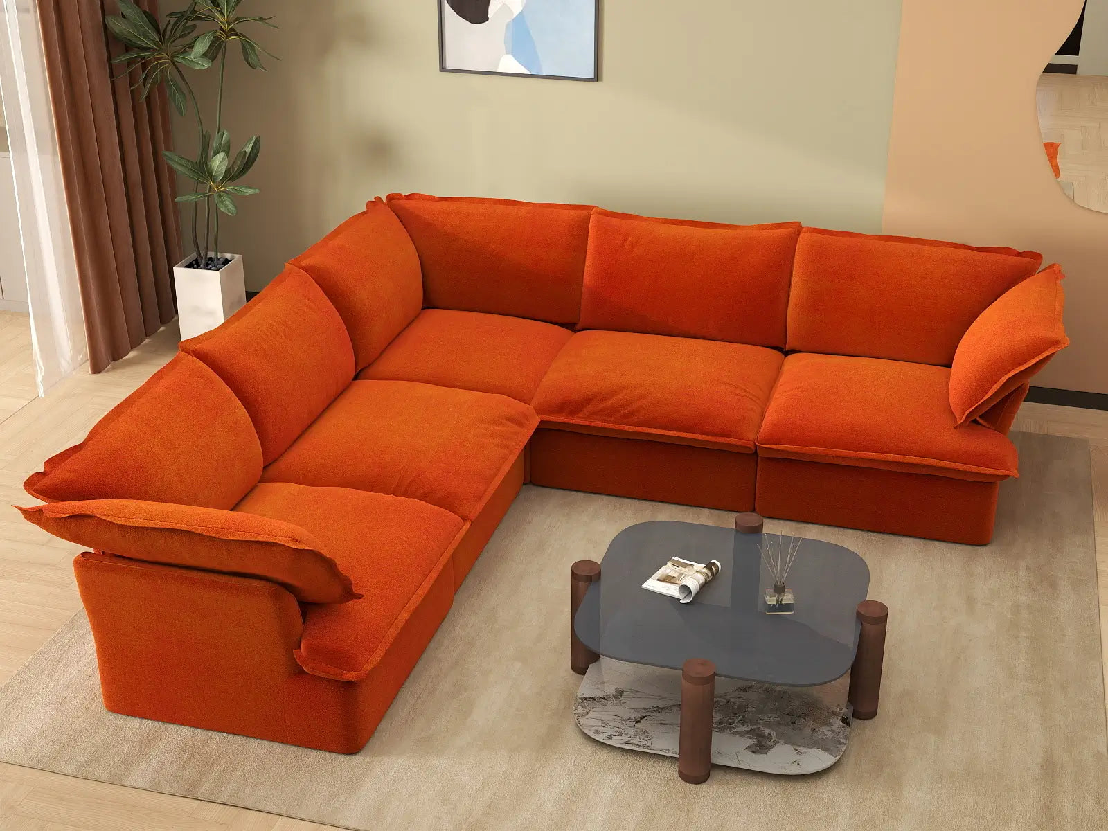 Deluxe Cloud 5-Seater V-Shaped Sectional Sofa | 5-Piece, Velvet Fabric, Washable Covers