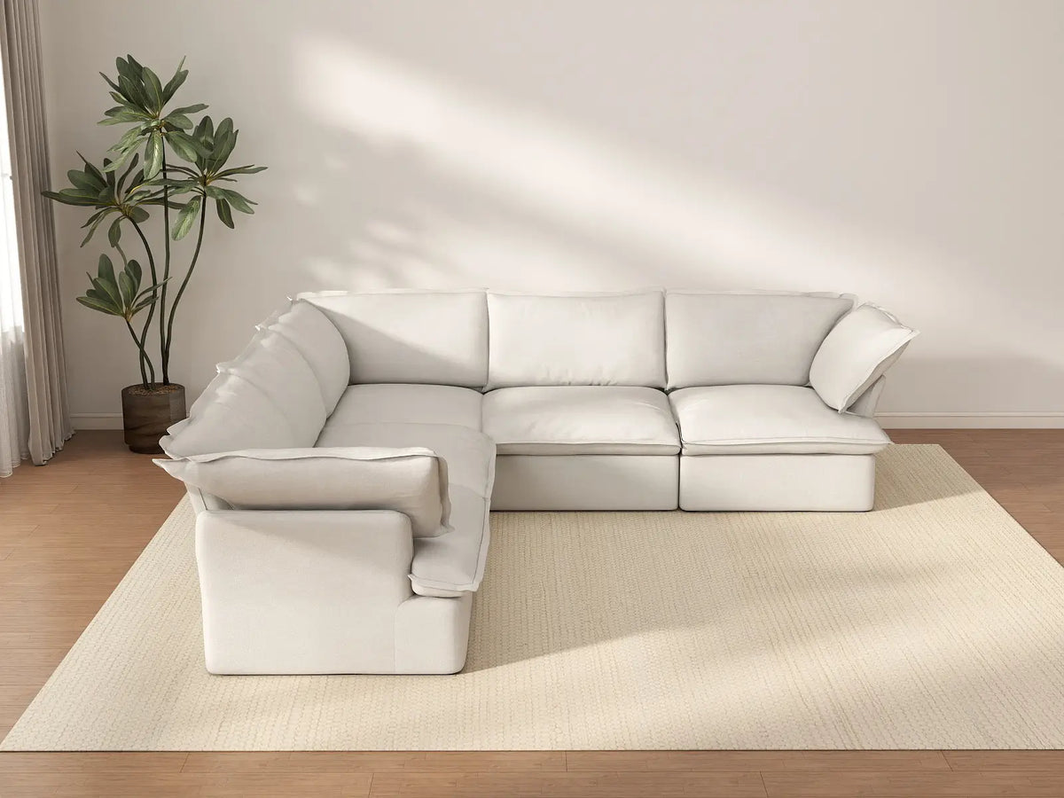 Deluxe Cloud 5-Seater White Washable V-Shaped Sectional | 5-Piece, Linen and Cotton Fabric, Modular Design