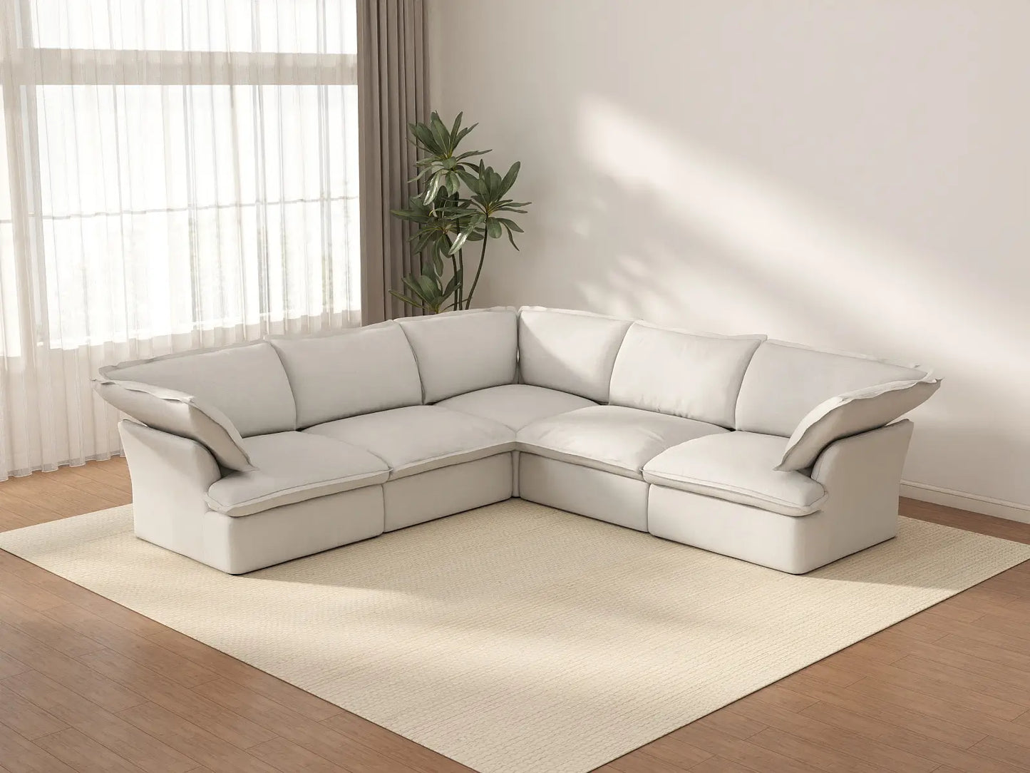 Deluxe Cloud 5-Seater White Washable V-Shaped Sectional | 5-Piece, Linen and Cotton Fabric, Modular Design