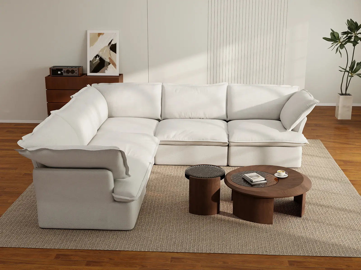 Deluxe Cloud 5-Seater White Washable V-Shaped Sectional | 5-Piece, Linen and Cotton Fabric, Modular Design