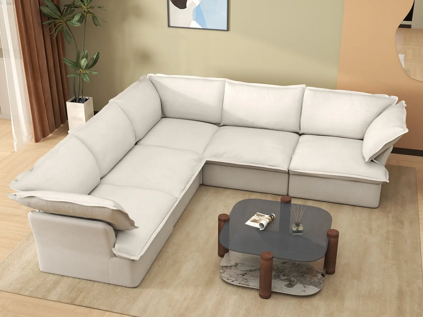 Deluxe Cloud 5-Seater White Washable V-Shaped Sectional | 5-Piece, Linen and Cotton Fabric, Modular Design