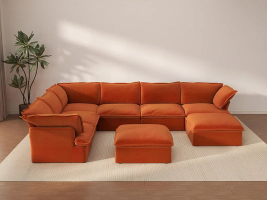 Deluxe Cloud 6-Seater Oversized Sectional Sofa | 8-Piece (includes 2 ottomans), Velvet Fabric, Storage Ottoman