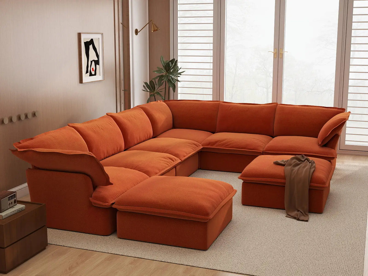 Sofá Seccional Oversize de 6 Plazas Deluxe Cloud | 8 piezas (incluye 2 otomanas), Tela de Terciopelo, Otomana con Almacenamiento