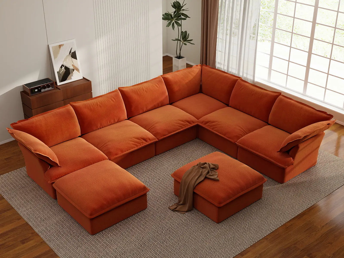 Sofá Seccional Oversize de 6 Plazas Deluxe Cloud | 8 piezas (incluye 2 otomanas), Tela de Terciopelo, Otomana con Almacenamiento
