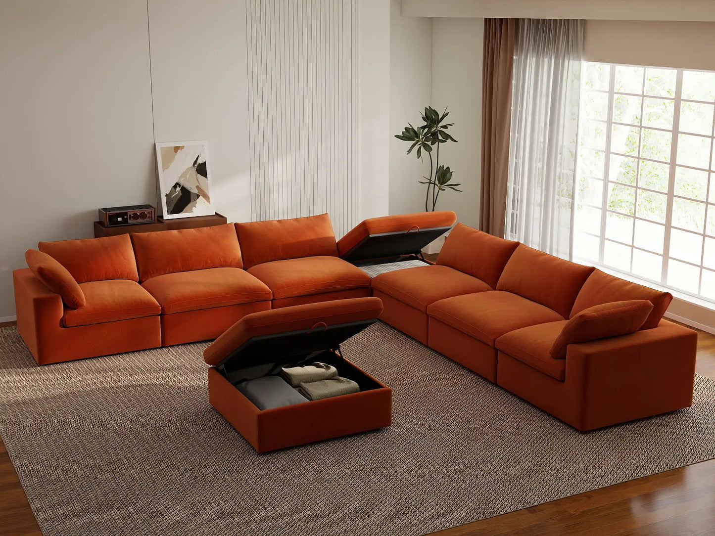 Deluxe Cloud 6-Seater Sofa Set in Orange Velvet | 8-Piece (Includes 2 Ottomans), Living Room, Easy To Clean, Modern Style