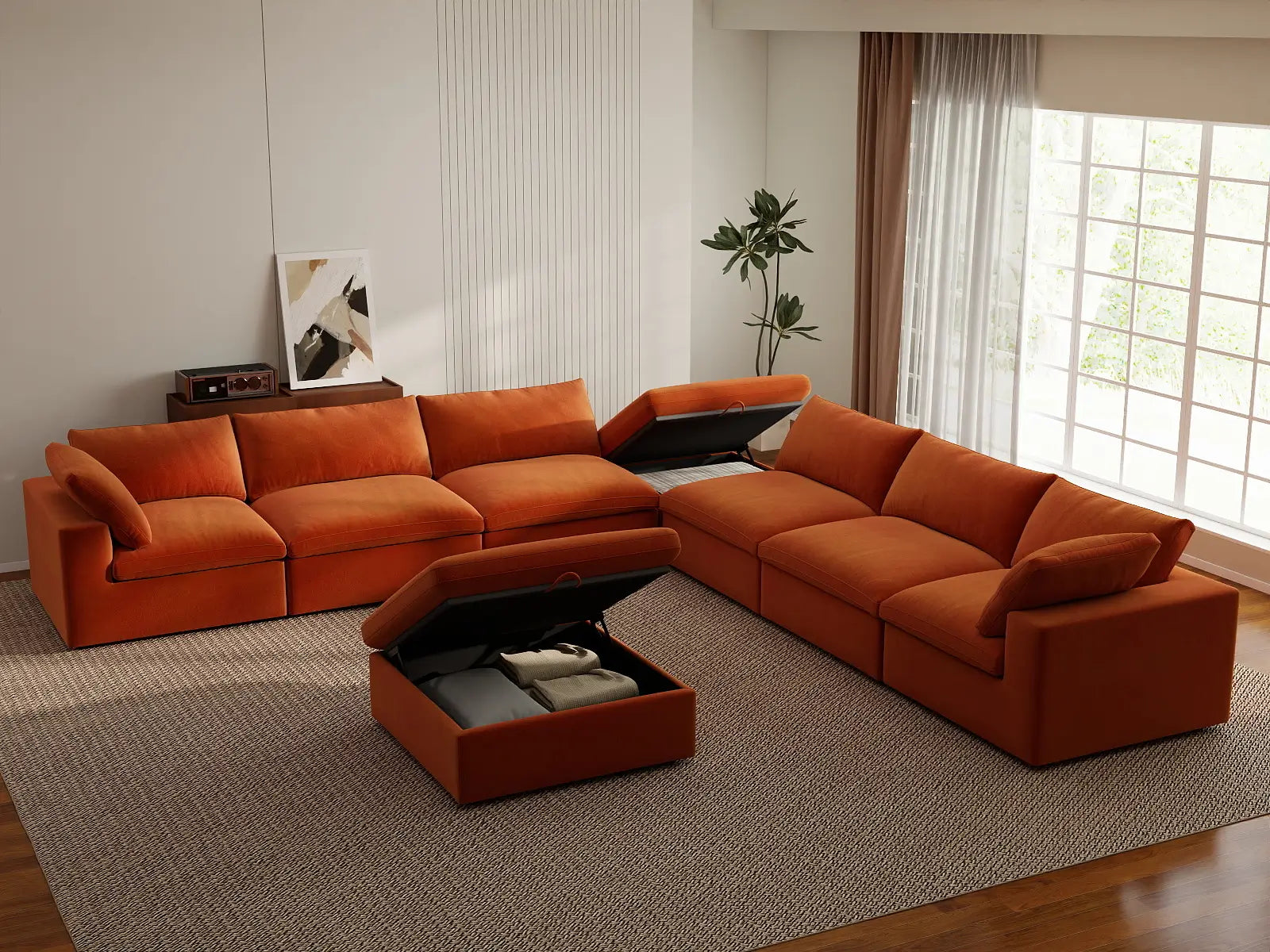 Deluxe Cloud 6-Seater Sofa Set in Orange Velvet | 8-Piece (Includes 2 Ottomans), Living Room, Easy To Clean, Modern Style