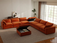 Deluxe Cloud 6-Seater Sofa Set in Orange Velvet | 8-Piece (Includes 2 Ottomans), Living Room, Easy To Clean, Modern Style