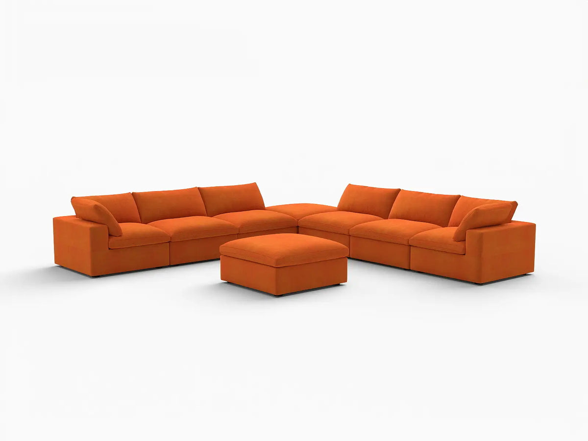 Deluxe Cloud 6-Seater Sofa Set in Orange Velvet | 8-Piece (Includes 2 Ottomans), Living Room, Easy To Clean, Modern Style