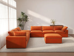 Deluxe Cloud 6-Seater Sofa Set in Orange Velvet | 8-Piece (Includes 2 Ottomans), Living Room, Easy To Clean, Modern Style