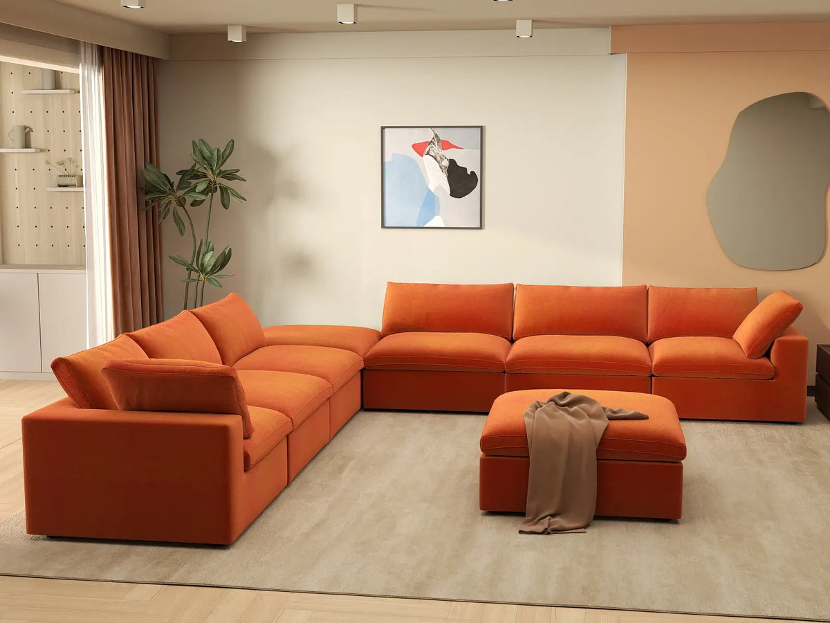 Deluxe Cloud 6-Seater Sofa Set in Orange Velvet | 8-Piece (Includes 2 Ottomans), Living Room, Easy To Clean, Modern Style