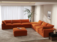 Deluxe Cloud 6-Seater Sofa Set in Orange Velvet | 8-Piece (Includes 2 Ottomans), Living Room, Easy To Clean, Modern Style