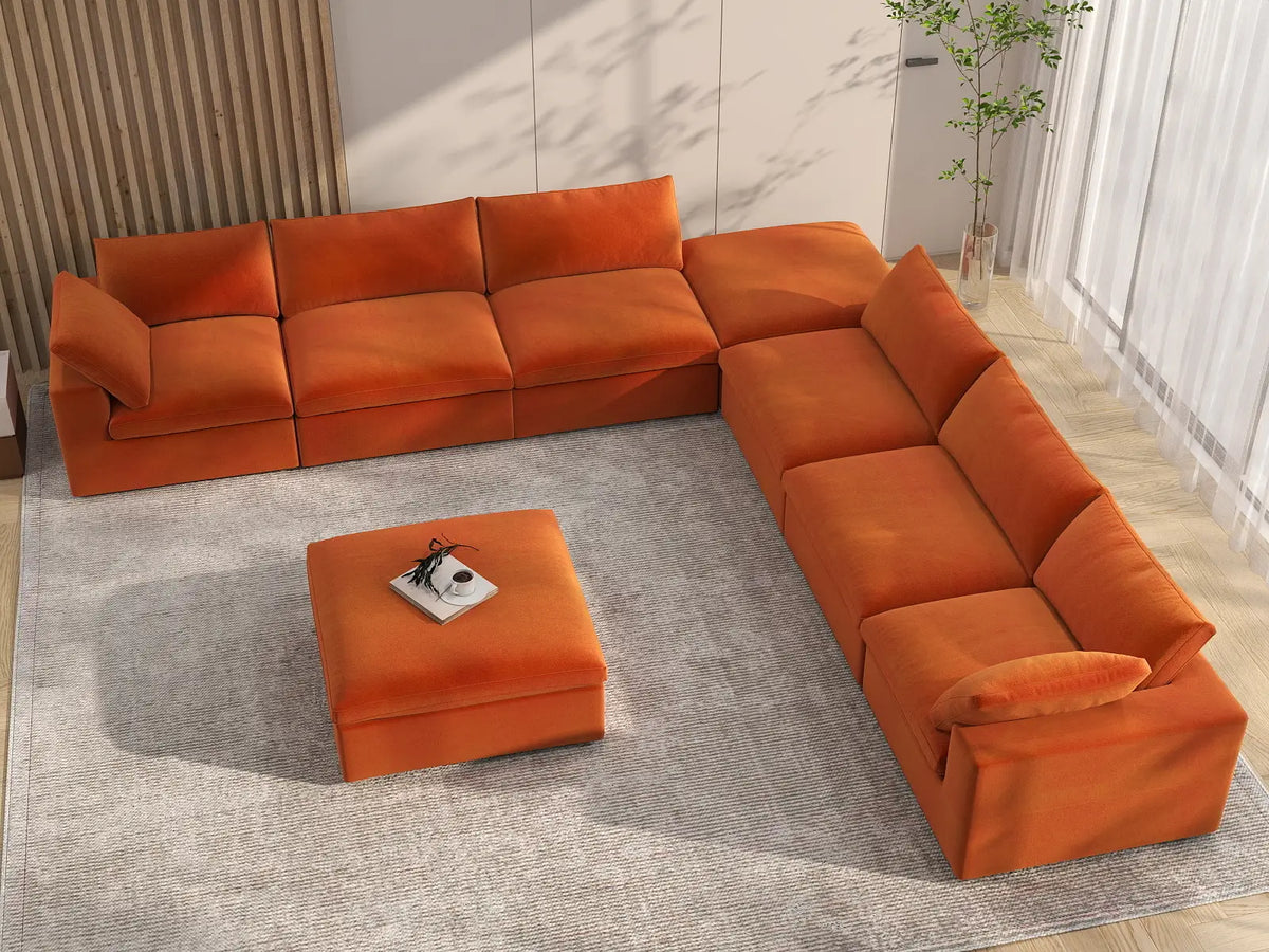 Deluxe Cloud 6-Seater Sofa Set in Orange Velvet | 8-Piece (Includes 2 Ottomans), Living Room, Easy To Clean, Modern Style