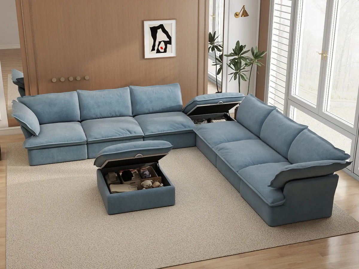 Deluxe Cloud 6-Seater Sofa Set with Storage | 8-Piece (includes 2 ottomans), Velvet Fabric, Washable Covers