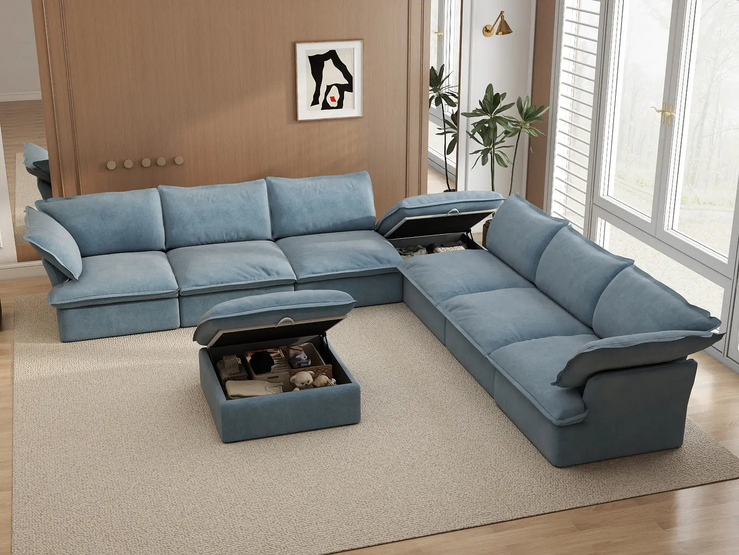 Deluxe Cloud 6-Seater Sofa Set with Storage | 8-Piece (includes 2 ottomans), Velvet Fabric, Washable Covers