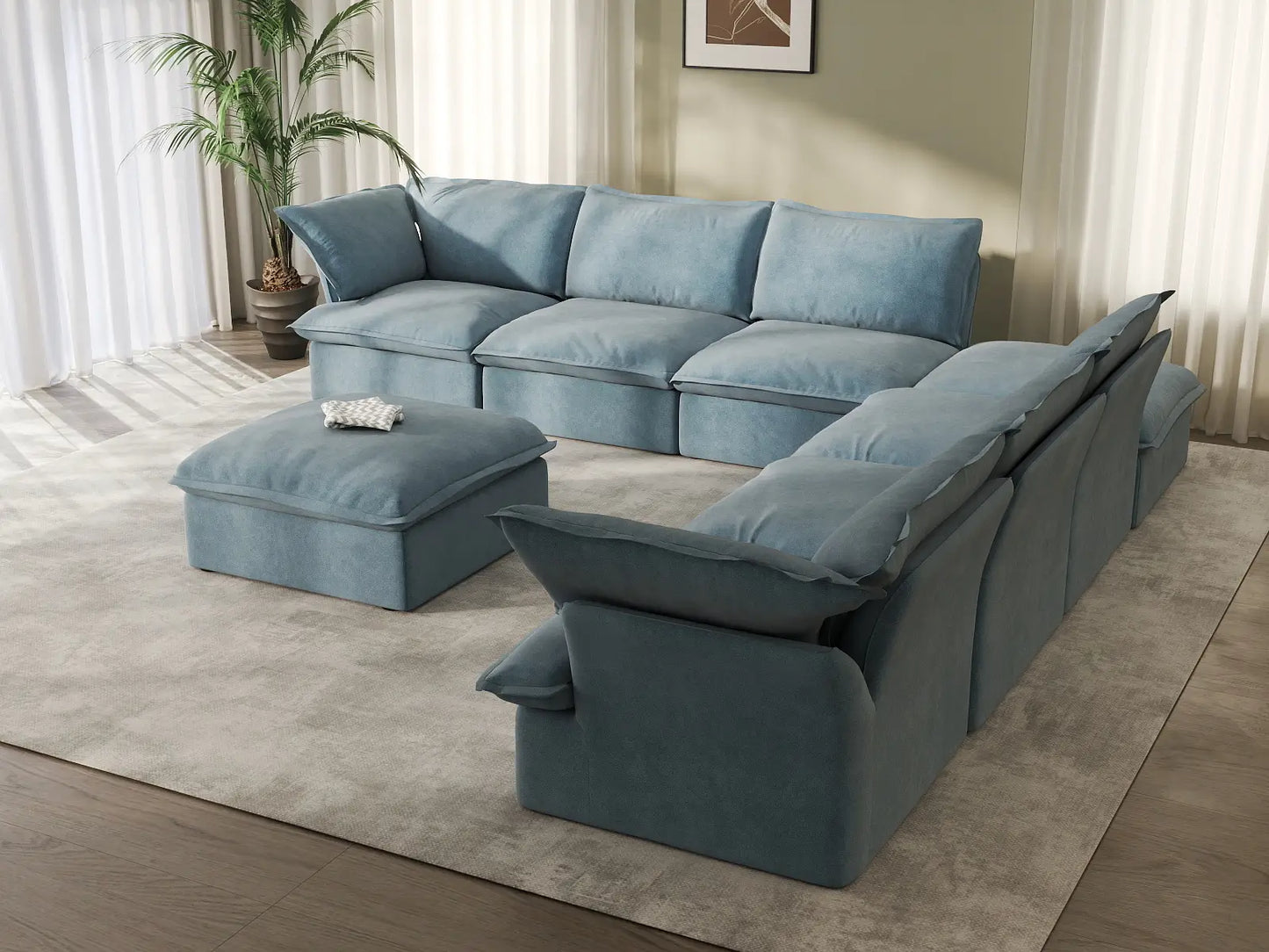 Deluxe Cloud 6-Seater Sofa Set with Storage | 8-Piece (includes 2 ottomans), Velvet Fabric, Washable Covers