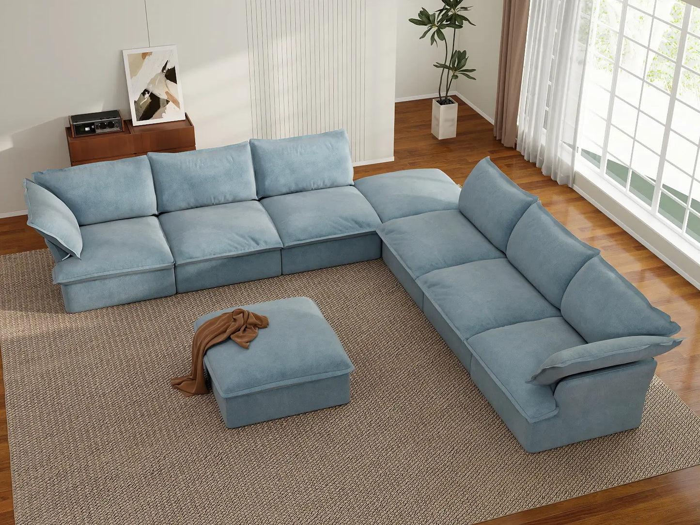 Deluxe Cloud 6-Seater Sofa Set with Storage | 8-Piece (includes 2 ottomans), Velvet Fabric, Washable Covers