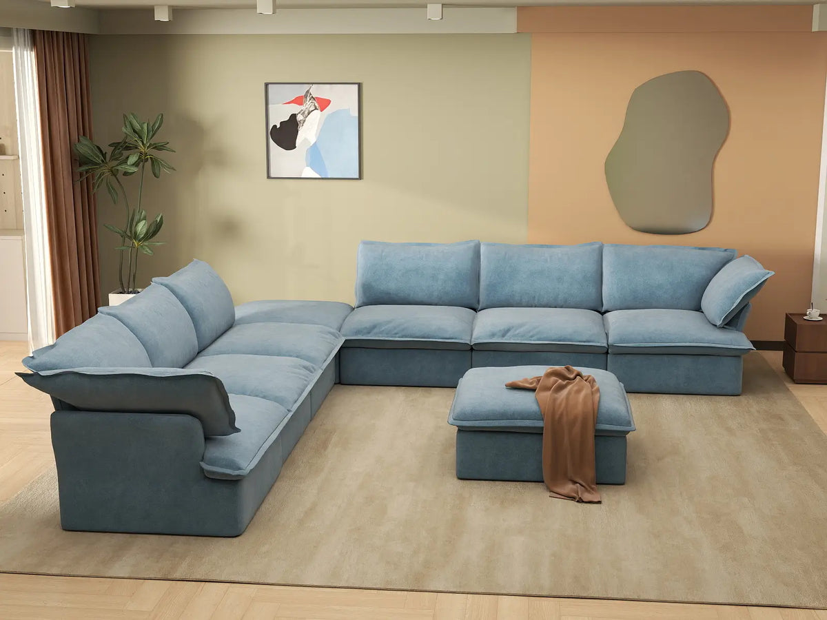 Deluxe Cloud 6-Seater Sofa Set with Storage | 8-Piece (includes 2 ottomans), Velvet Fabric, Washable Covers