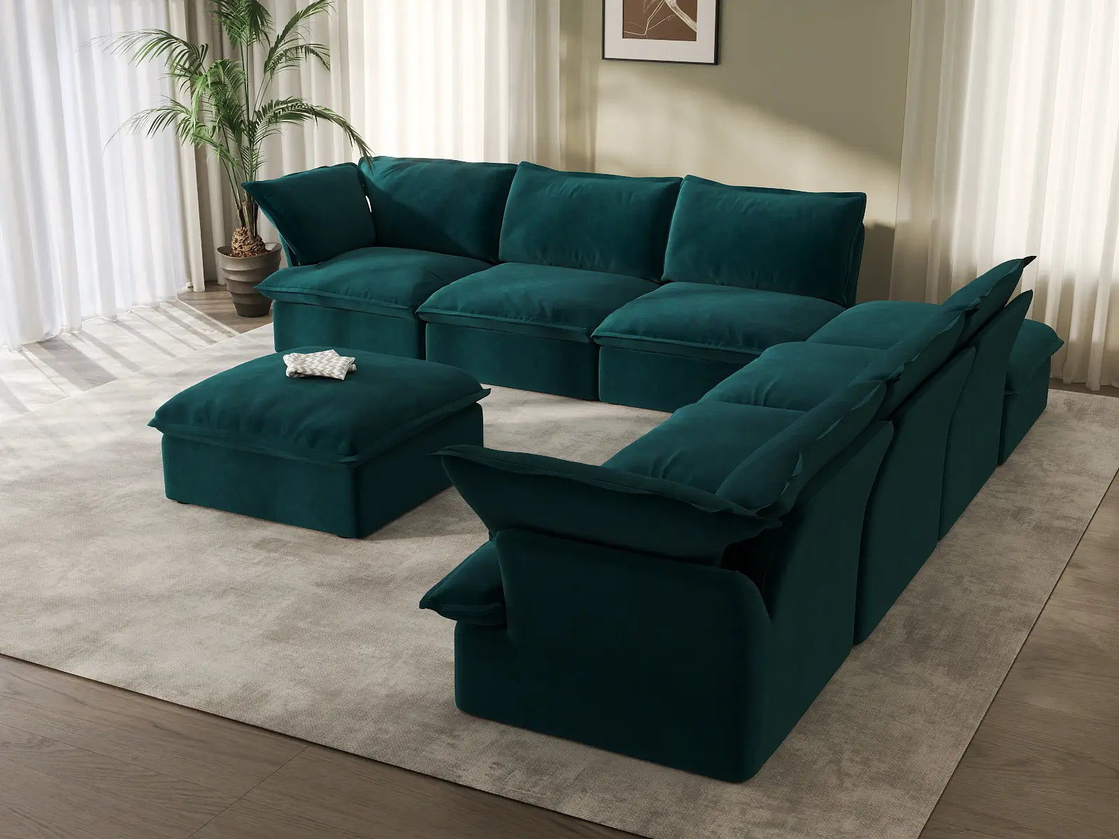 Deluxe Cloud 6-Seater Sofa with Storage | 8-Piece (includes 2 ottomans), Velvet Fabric, Washable Covers