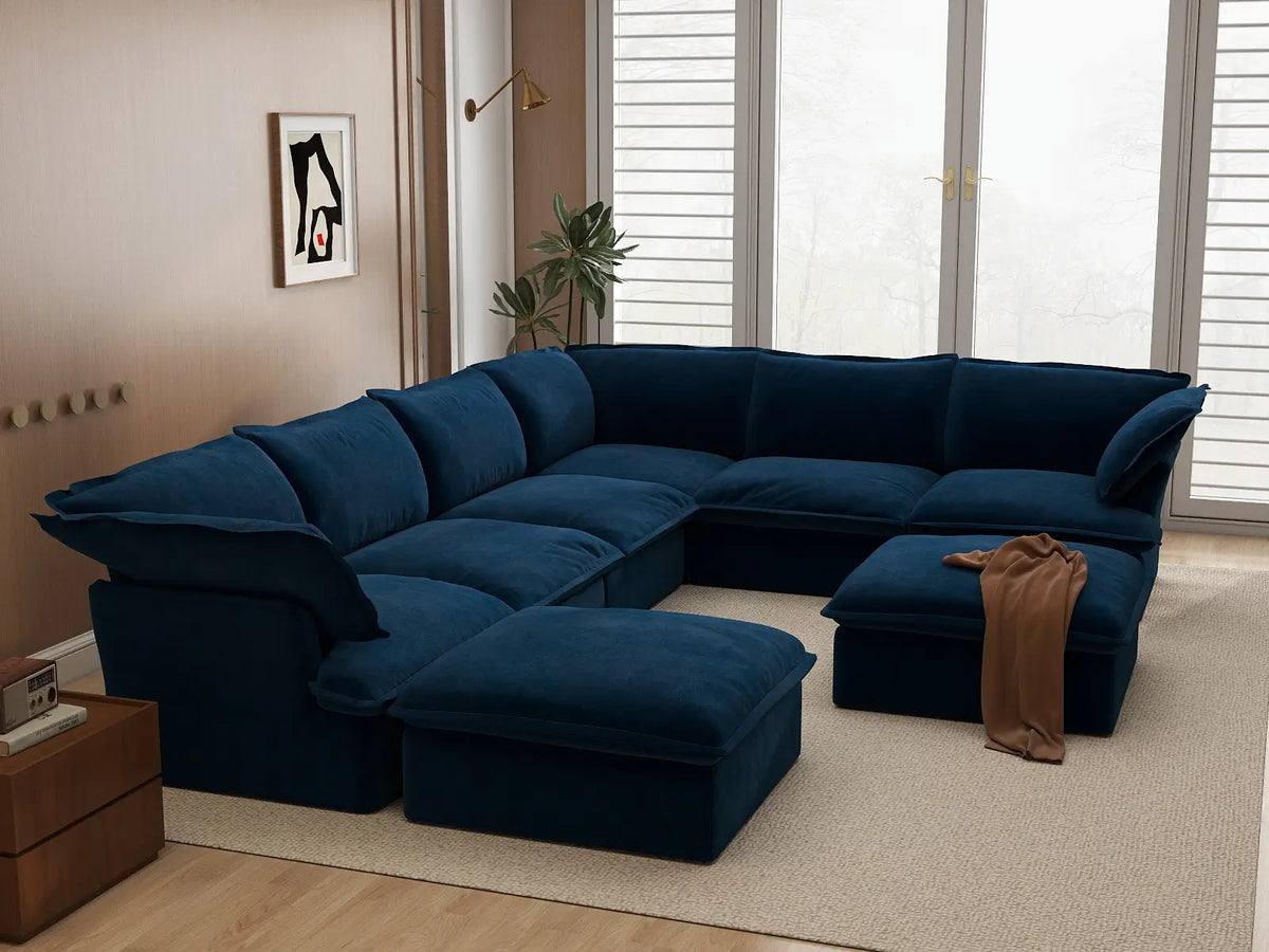 Deluxe Cloud 6-Seater Sofa with Storage for Families | 8-Piece (includes 2 ottomans), Velvet Fabric, Washable Covers