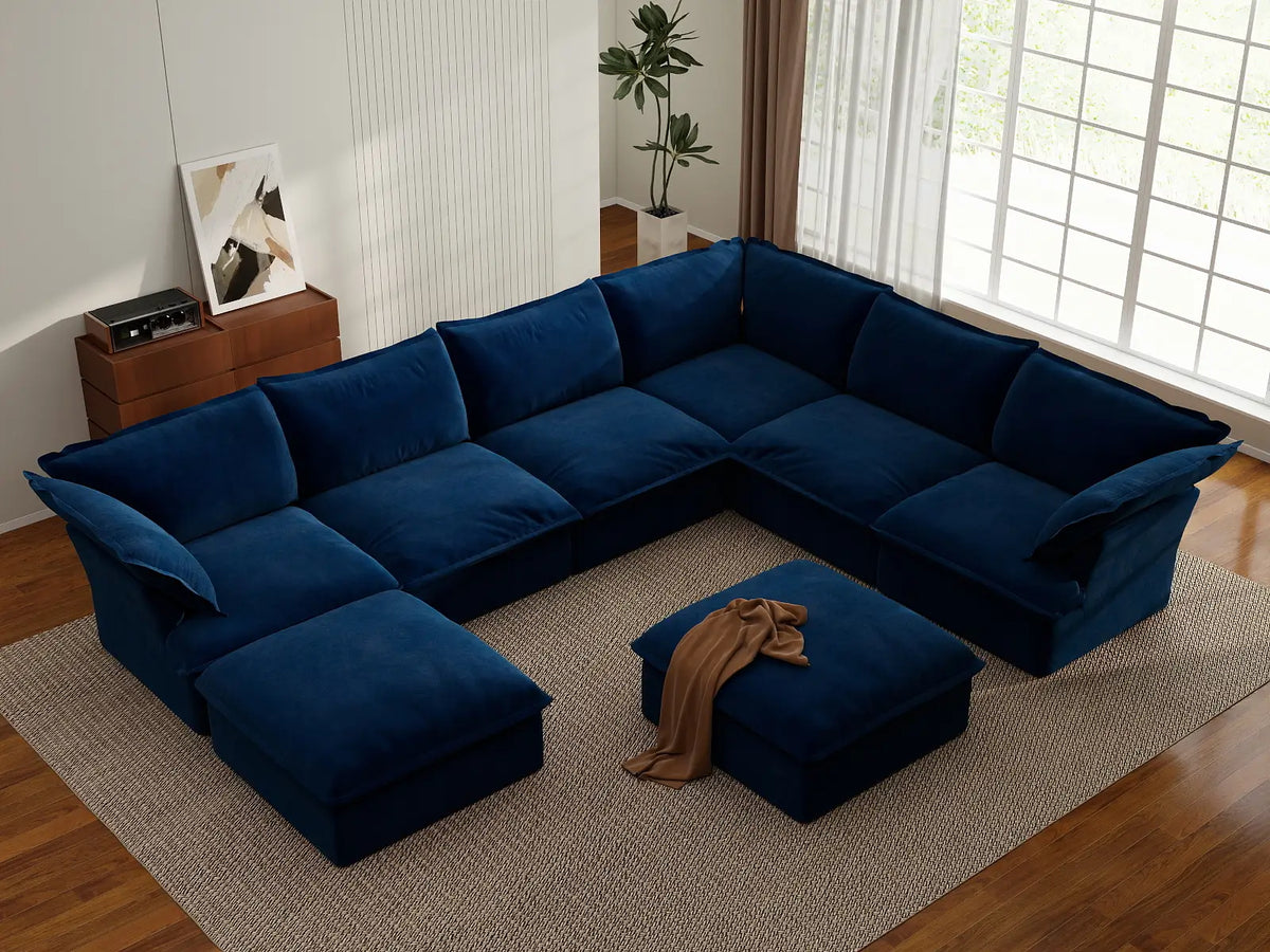 Deluxe Cloud 6-Seater Sofa with Storage for Families | 8-Piece (includes 2 ottomans), Velvet Fabric, Washable Covers
