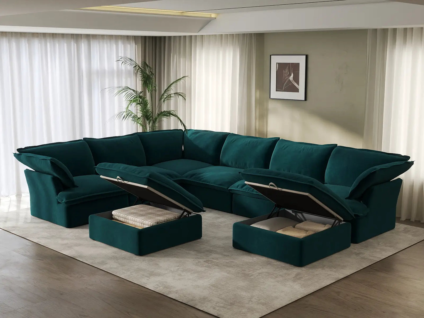 Sofá Deluxe Cloud de 6 plazas con estructura de madera | 8 piezas (incluye 2 otomanas), tela de terciopelo, otomana de almacenamiento