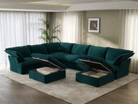 Sofá Deluxe Cloud de 6 plazas con estructura de madera | 8 piezas (incluye 2 otomanas), tela de terciopelo, otomana de almacenamiento